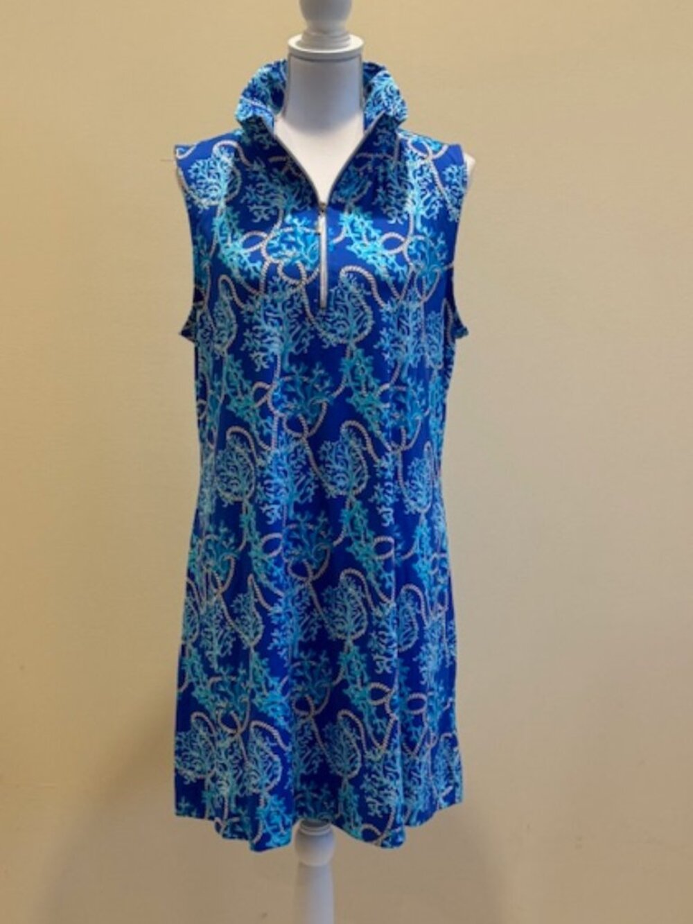 Anthony's Resort Wear Sleeveless Blue and White Zip Front Dress Sz XL